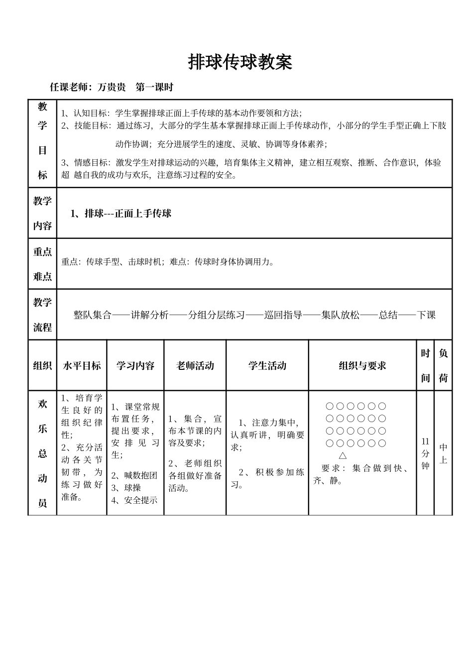 排球正面上手传球教案_第1页