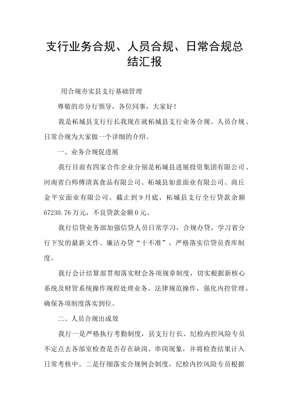 支行业务合规、人员合规、日常合规总结汇报_第1页