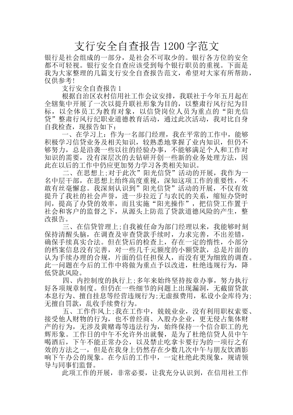 支行安全自查报告1200字范文_第1页