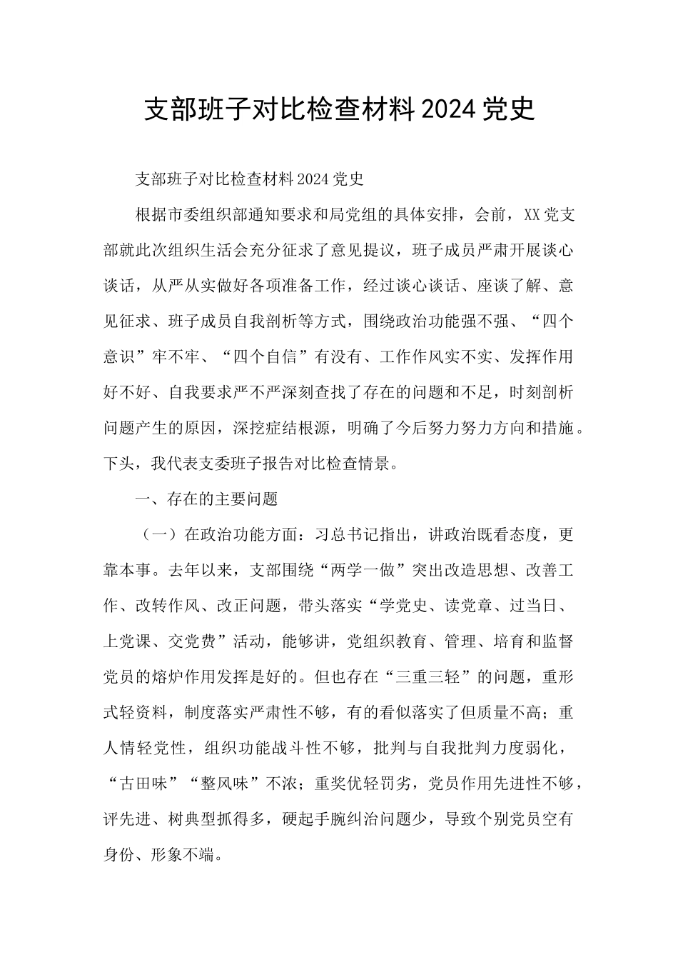 支部班子对照检查材料2024党史_第1页