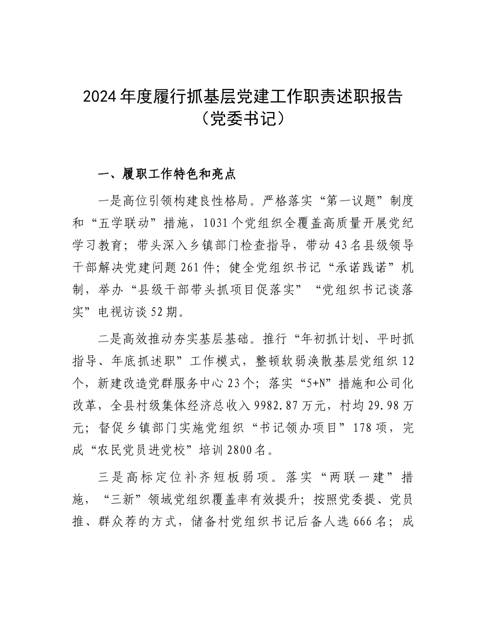 2024年度履行抓基层党建工作职责述职报告（党委书记）_第1页