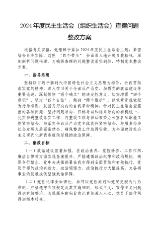 2024年度民主（组织）生活会查摆问题整改方案