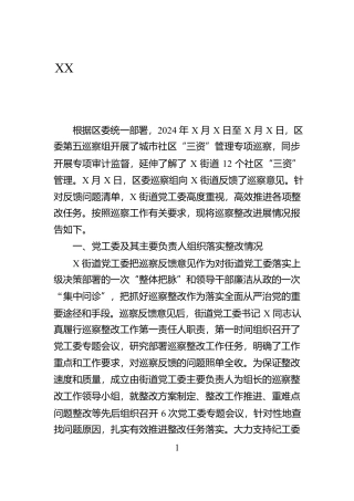 XX街道党工委关于区委巡察整改进展情况的报告（“三资”）