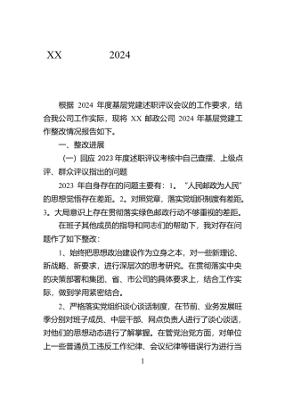 XX邮政公司2024年度基层党建工作整改报告
