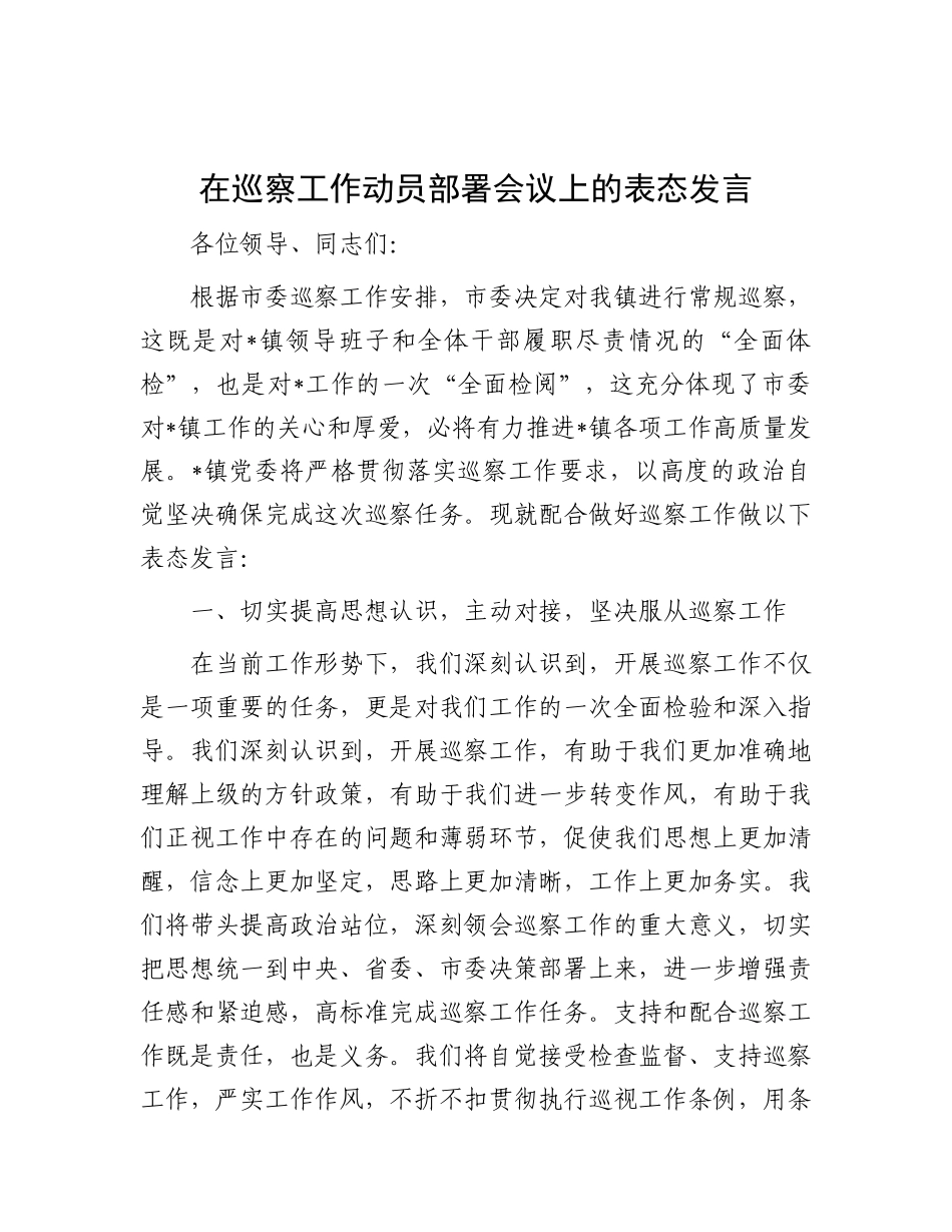 表态发言：巡察工作动员部署会议_第1页