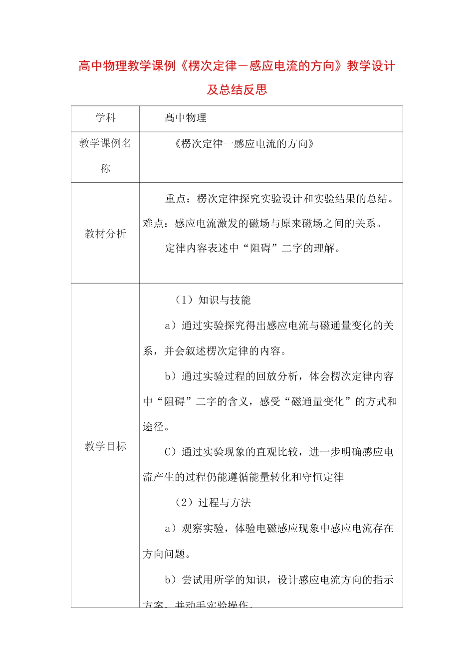 高中物理教学课例《楞次定律-感应电流的方向》课程思政核心素养教学设计及总结反思_第1页
