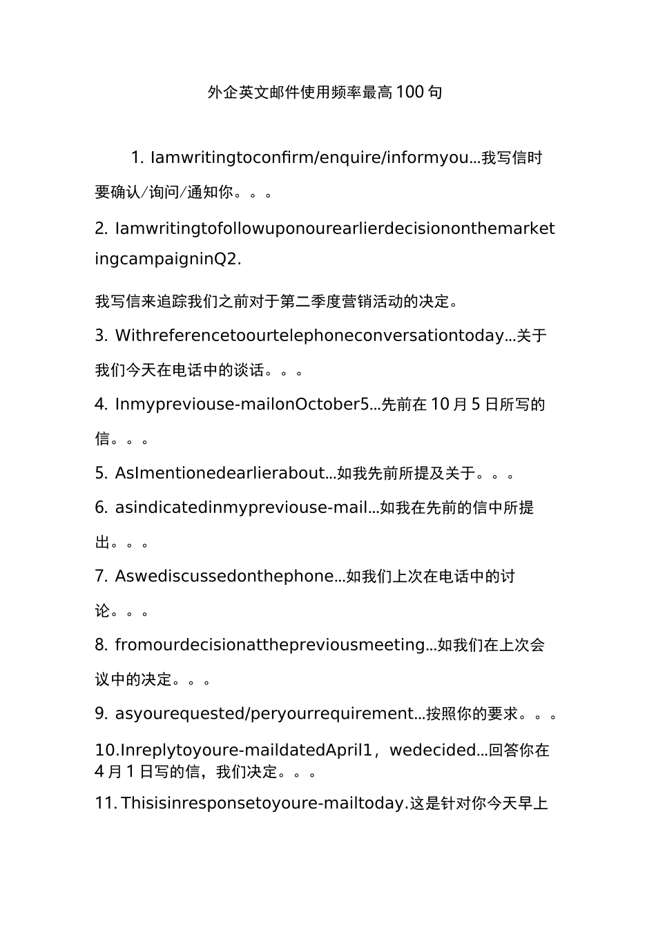 外企英文邮件使用频率最高100句_第1页