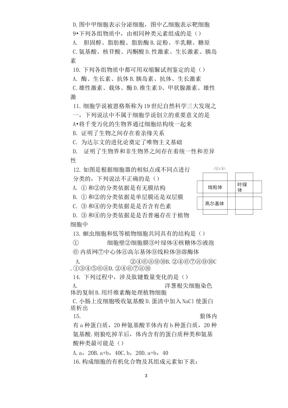 生物必修一前三章测试题_第3页