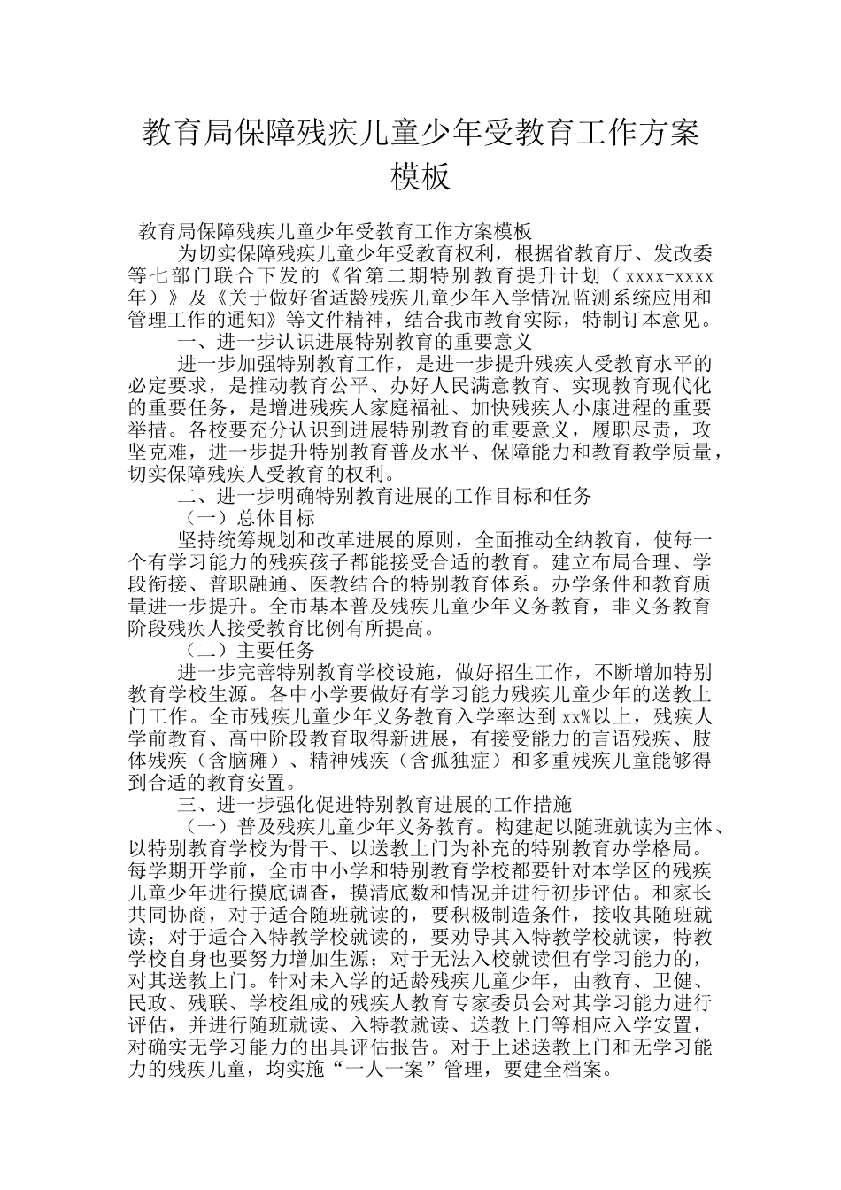 教育局保障残疾儿童少年受教育工作方案模板_第1页