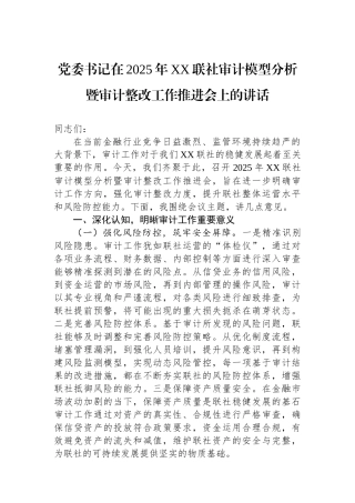 党委书记在2025年XX联社审计模型分析暨审计整改工作推进会上的讲话