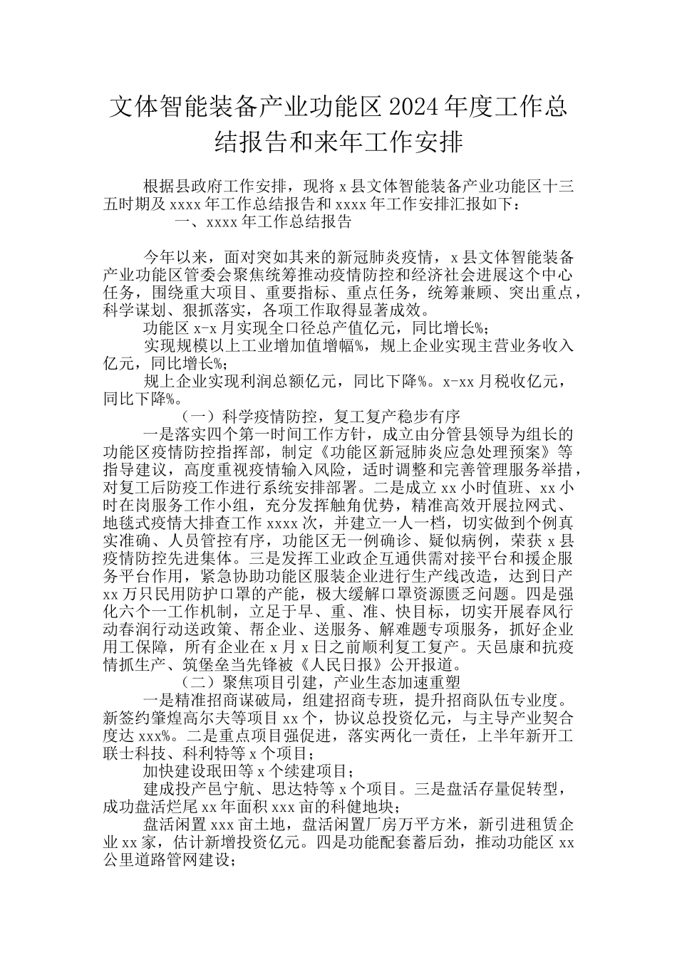 文体智能装备产业功能区2024年度工作总结报告和来年工作安排_第1页