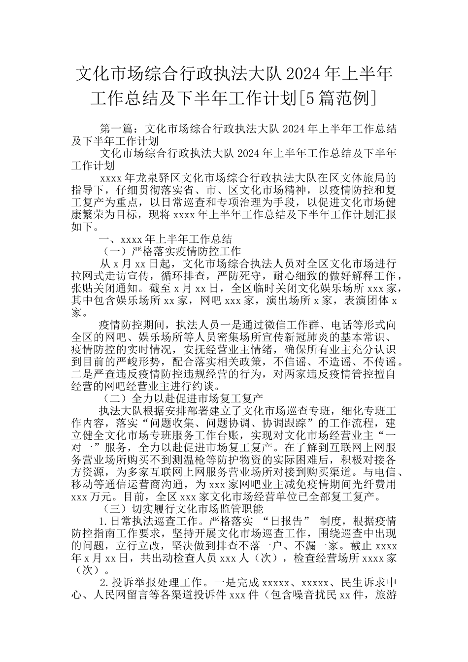 文化市场综合行政执法大队2024年上半年工作总结及下半年工作计划_第1页