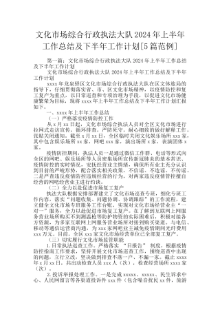 文化市场综合行政执法大队2024年上半年工作总结及下半年工作计划