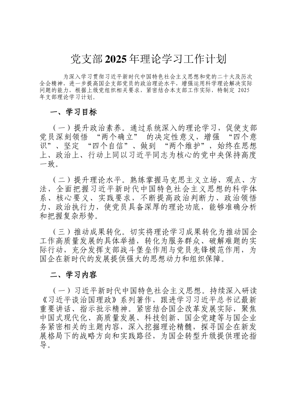 党支部2025年理论学习工作计划_第1页
