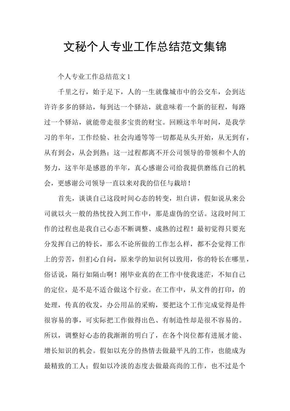 文秘个人专业工作总结范文集锦_第1页