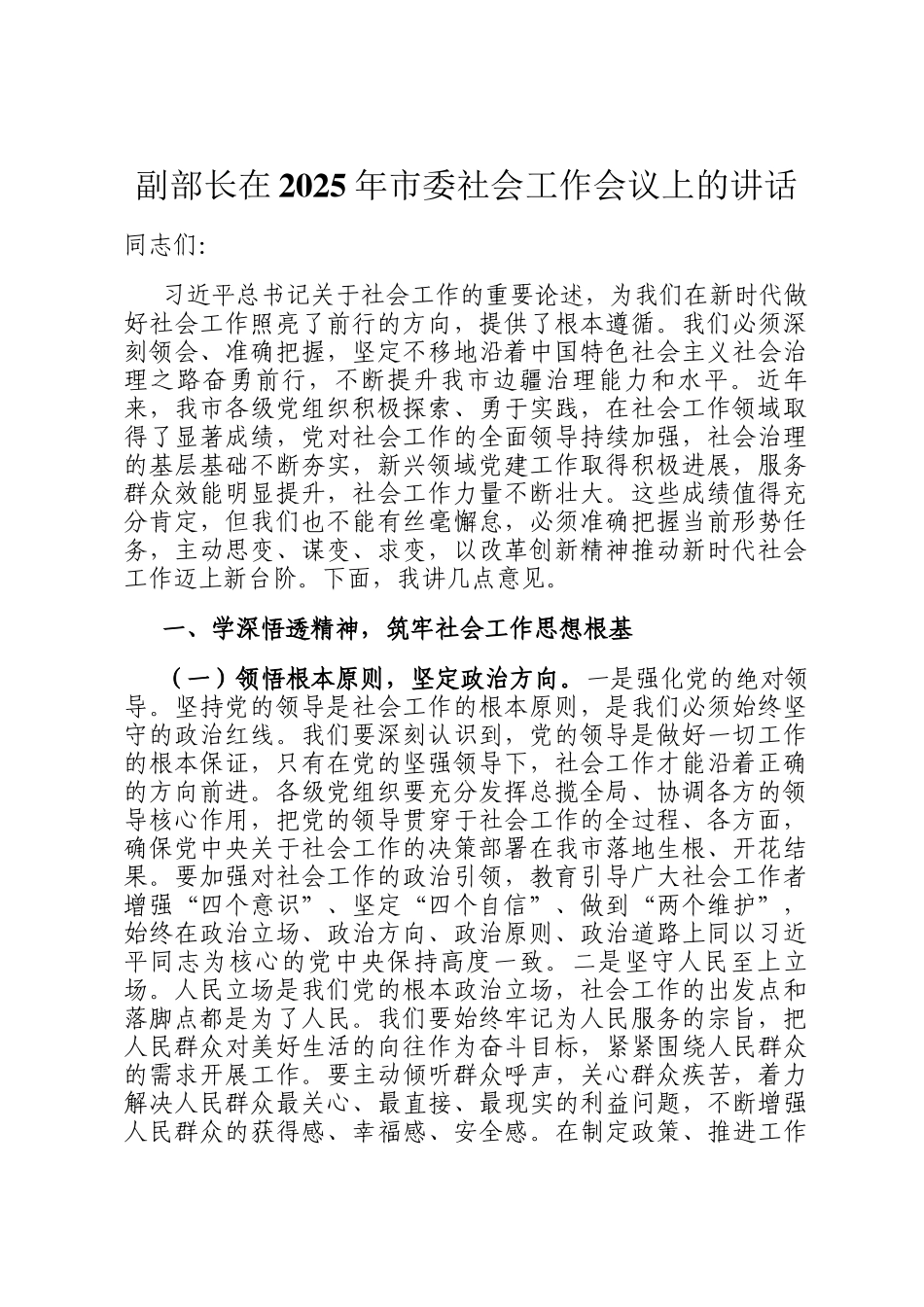 副部长在2025年市委社会工作会议上的讲话_第1页
