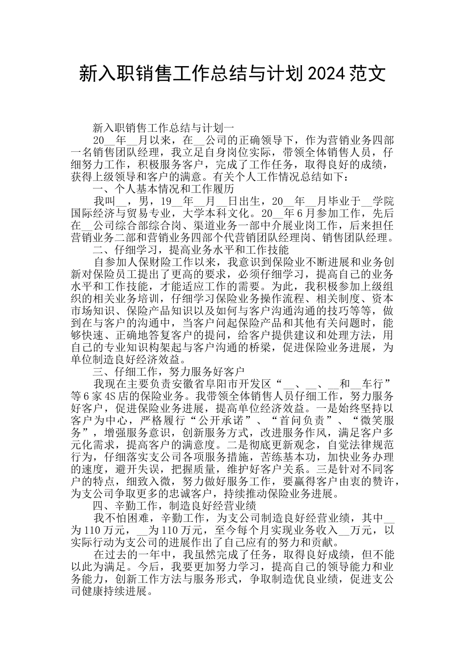 新入职销售工作总结与计划2024范文_第1页