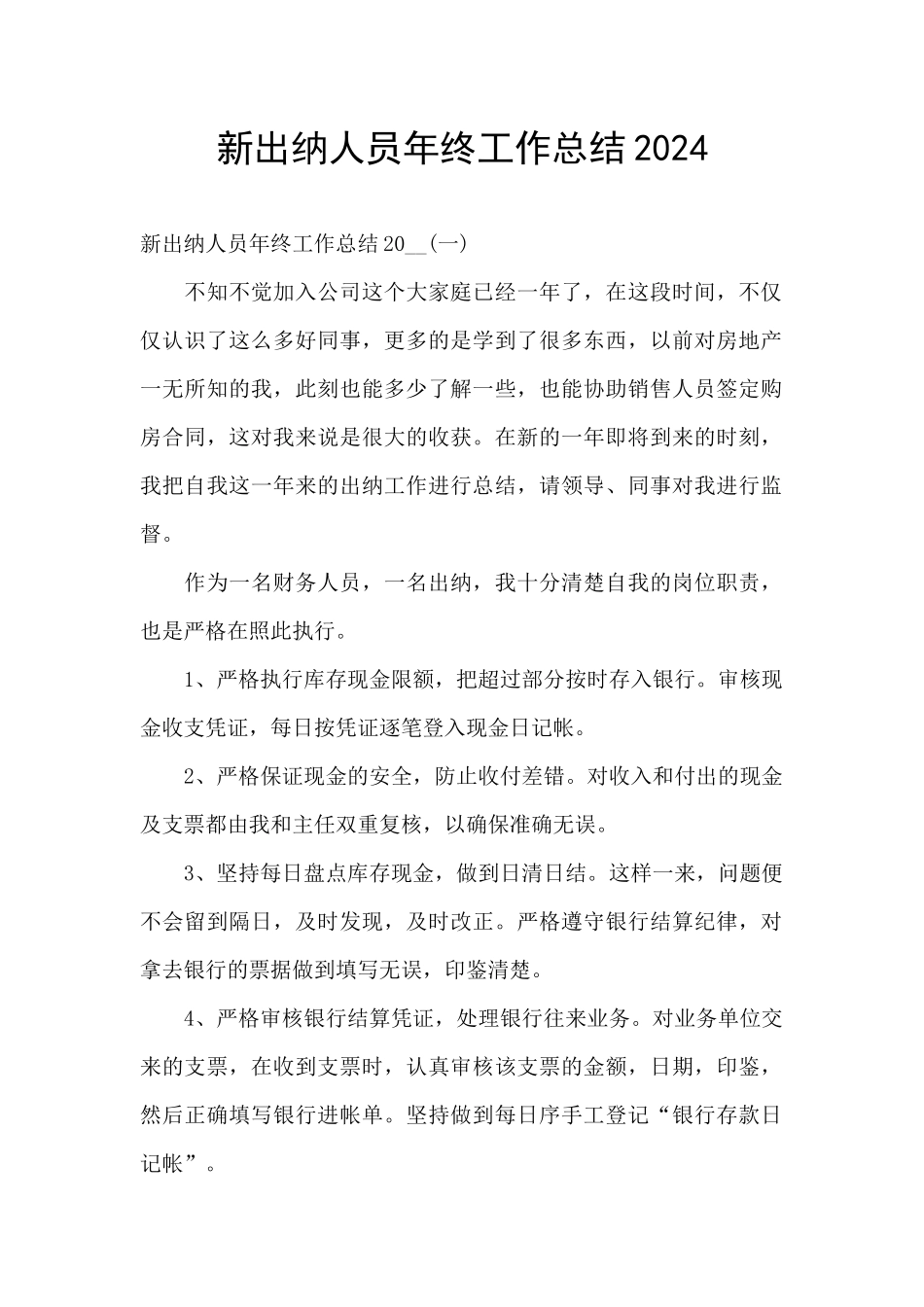 新出纳人员年终工作总结2024_第1页
