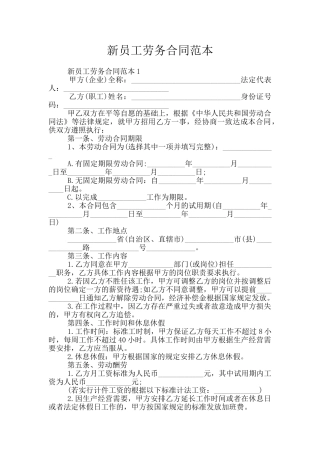 新员工劳务合同范本