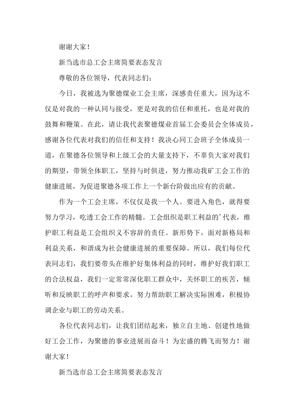 新当选市总工会主席简要表态发言三篇_第2页