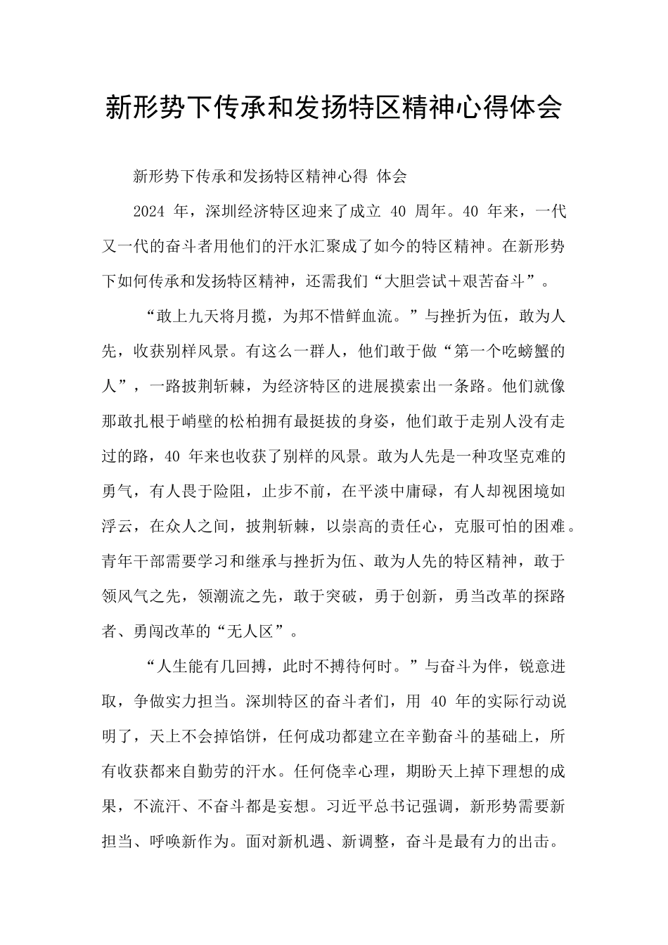 新形势下传承和发扬特区精神心得体会_第1页