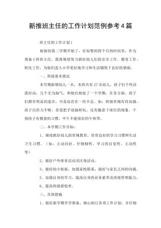 新推班主任的工作计划范例参考4篇