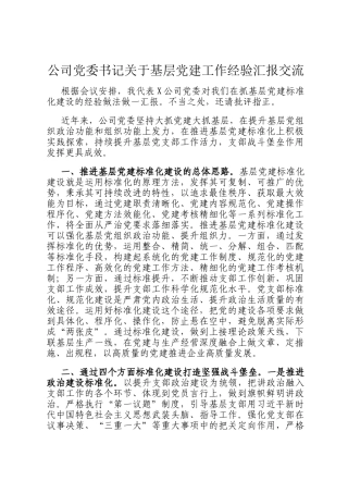 公司党委书记关于基层党建工作经验汇报交流