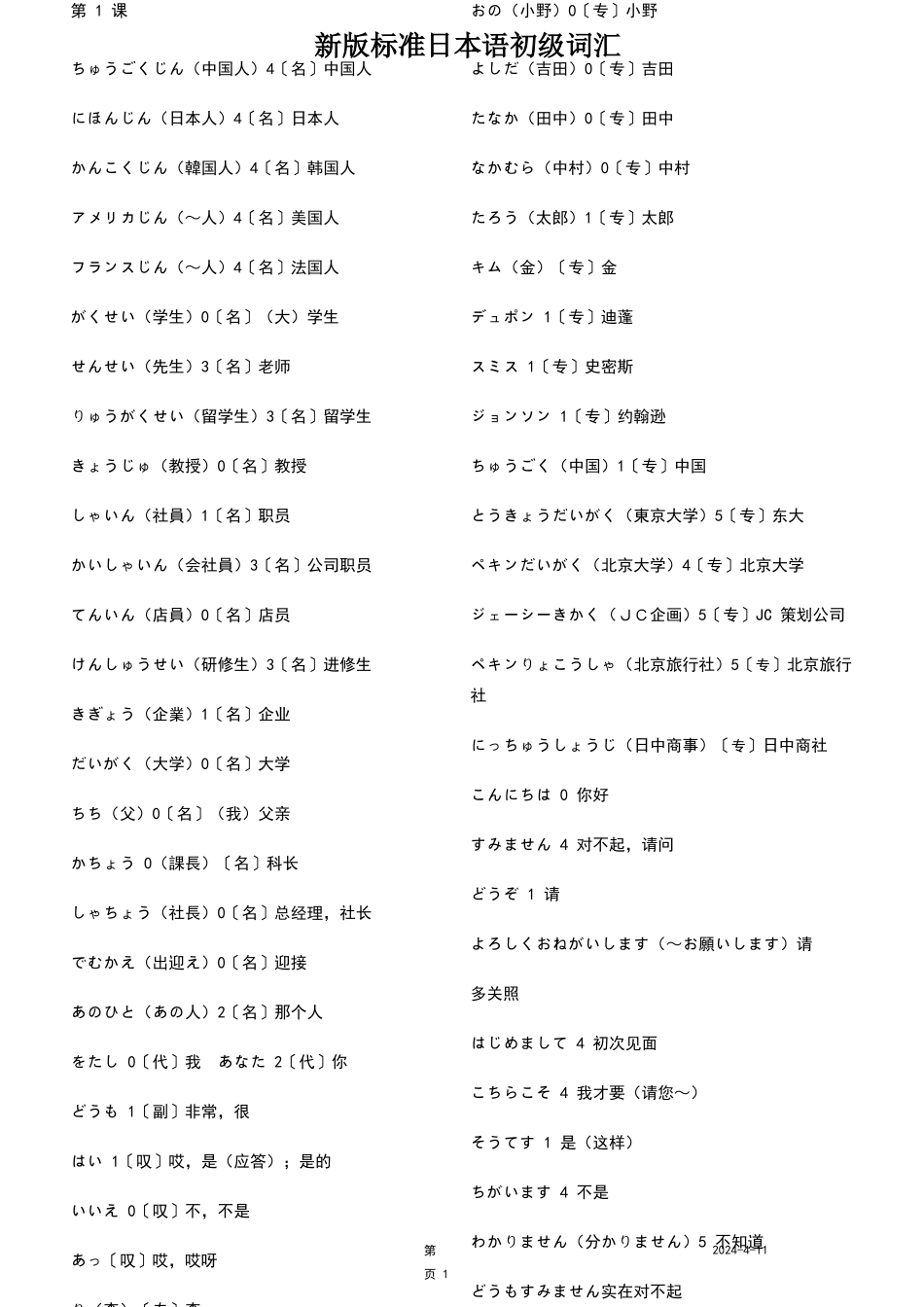 新版标准日本语初级词汇_第1页