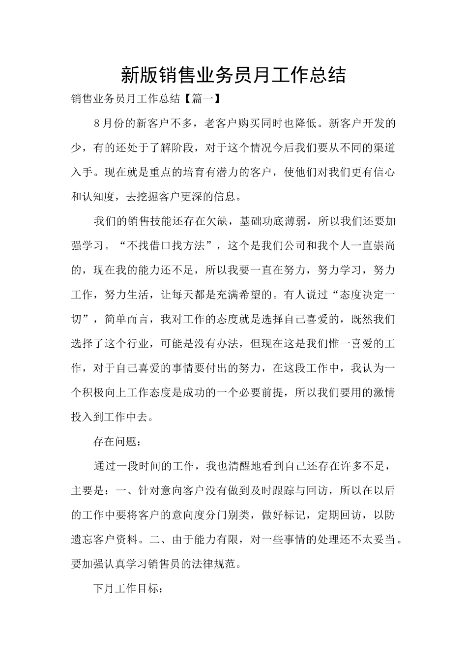 新版销售业务员月工作总结_第1页