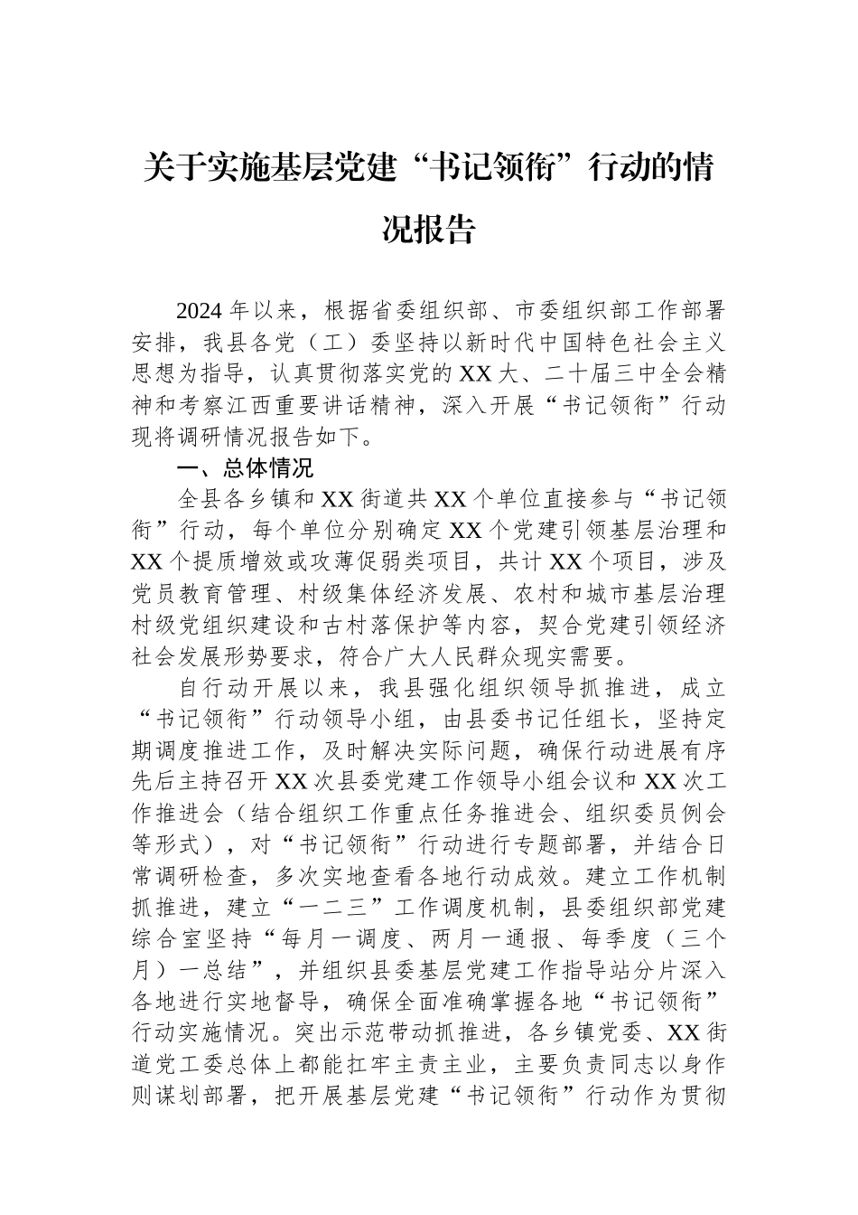 关于实施基层党建“书记领衔”行动的情况报告_第1页