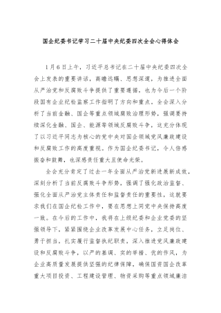 国企纪委书记学习二十届中央纪委四次全会心得体会