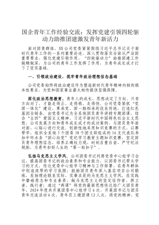 国企青年工作经验交流：发挥党建引领四轮驱动力助推团建激发青年新活力