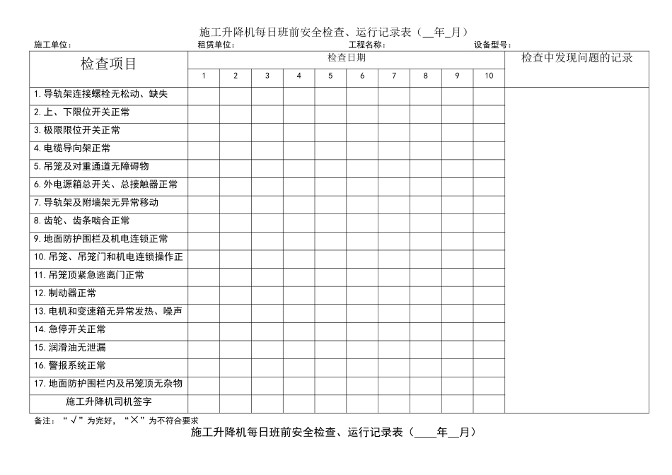 施工升降机每日检查运行记录表_第1页