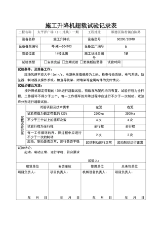 施工升降机超载试验记录表