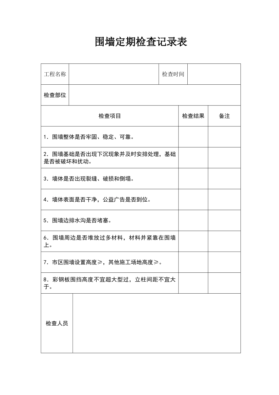 施工围墙围挡验收记录表_第1页