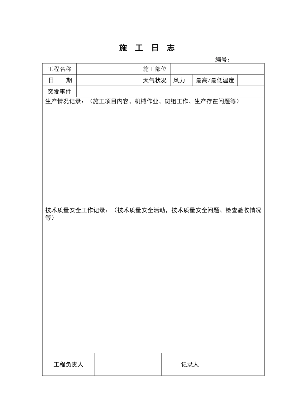 施工日志标准空白表格_第1页