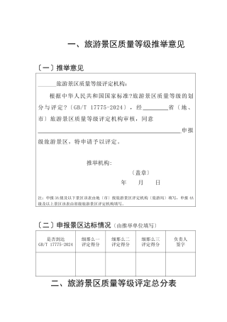 旅游景区质量等级推荐意见表