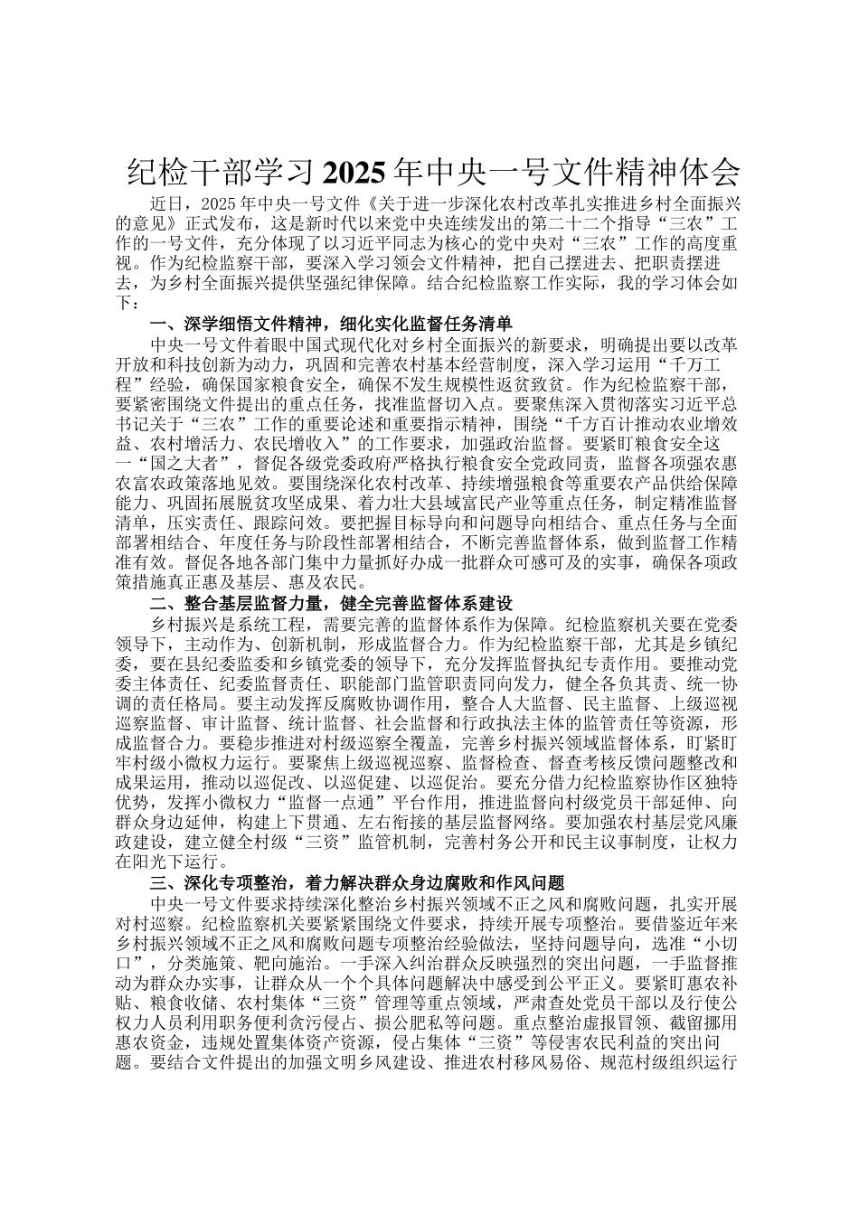 纪检干部学习2025年中央一号文件精神体会_第1页