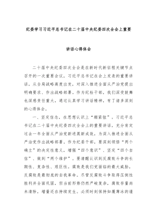 纪委学习总书记在二十届中央纪委四次全会上重要讲话心得体会