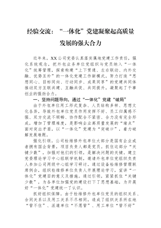 经验交流：“一体化”党建凝聚起高质量发展的强大合力