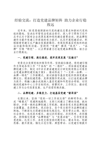 经验交流：打造党建品牌矩阵 助力企业行稳致远