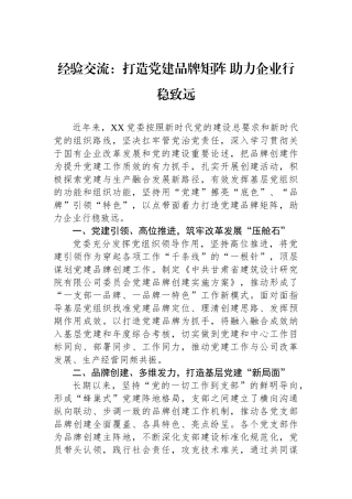 经验交流：打造党建品牌矩阵+助力企业行稳致远