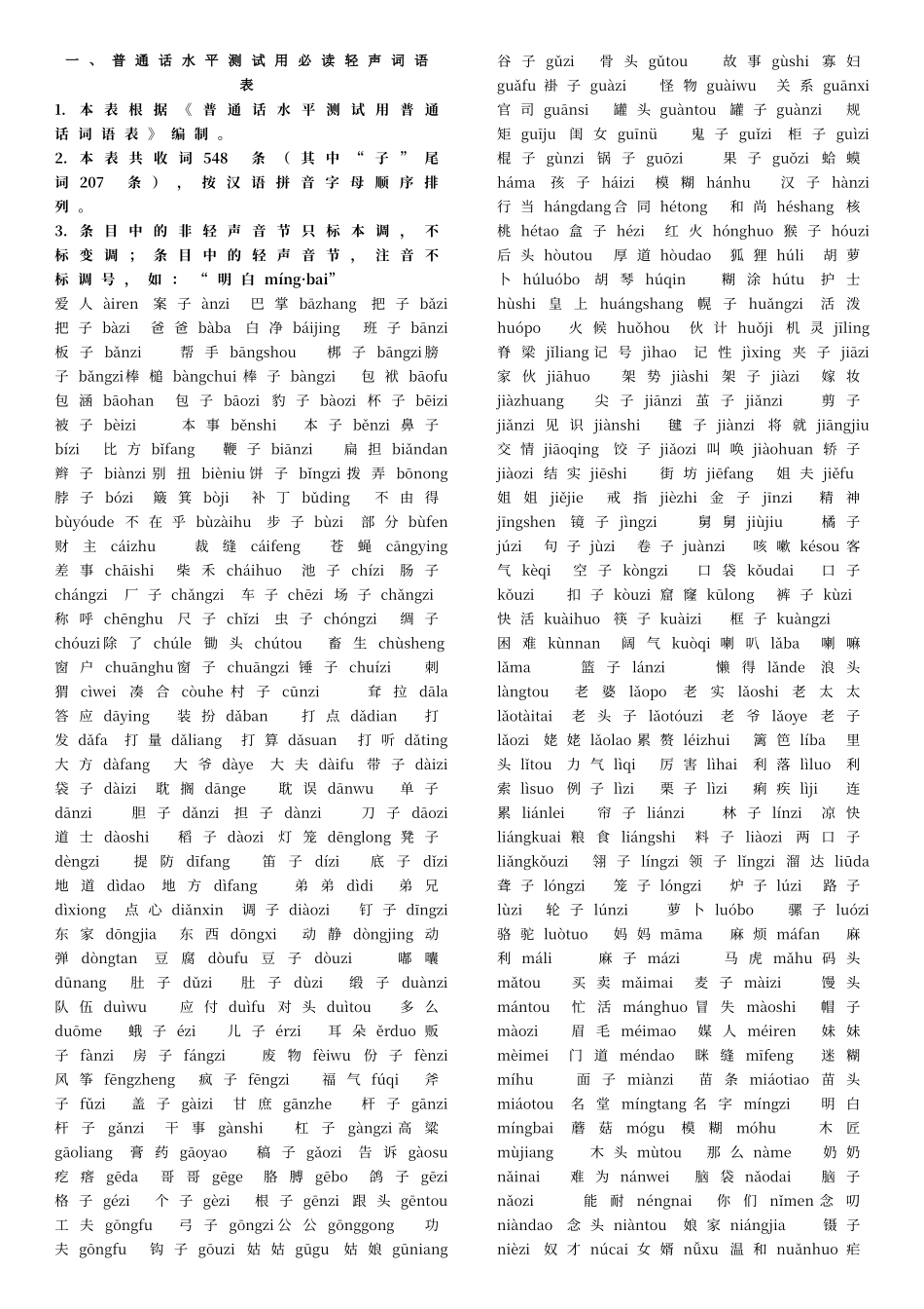普通话水平测试用必读轻声词语表+儿化音表+60篇朗读篇目_第1页
