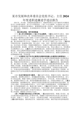 某市发展和改革委员会党组书记、主任2024年度述职述廉述学述法报告