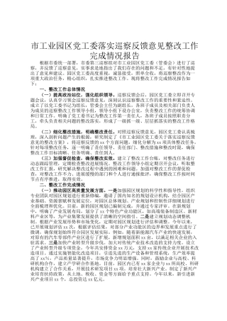 市工业园区党工委落实巡察反馈意见整改工作完成情况报告