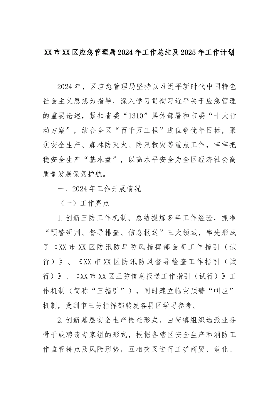 市区应急管理局2024年工作总结及2025年工作计划_第1页