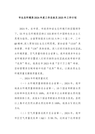 市生态环境局2024年度工作总结及2025年工作计划