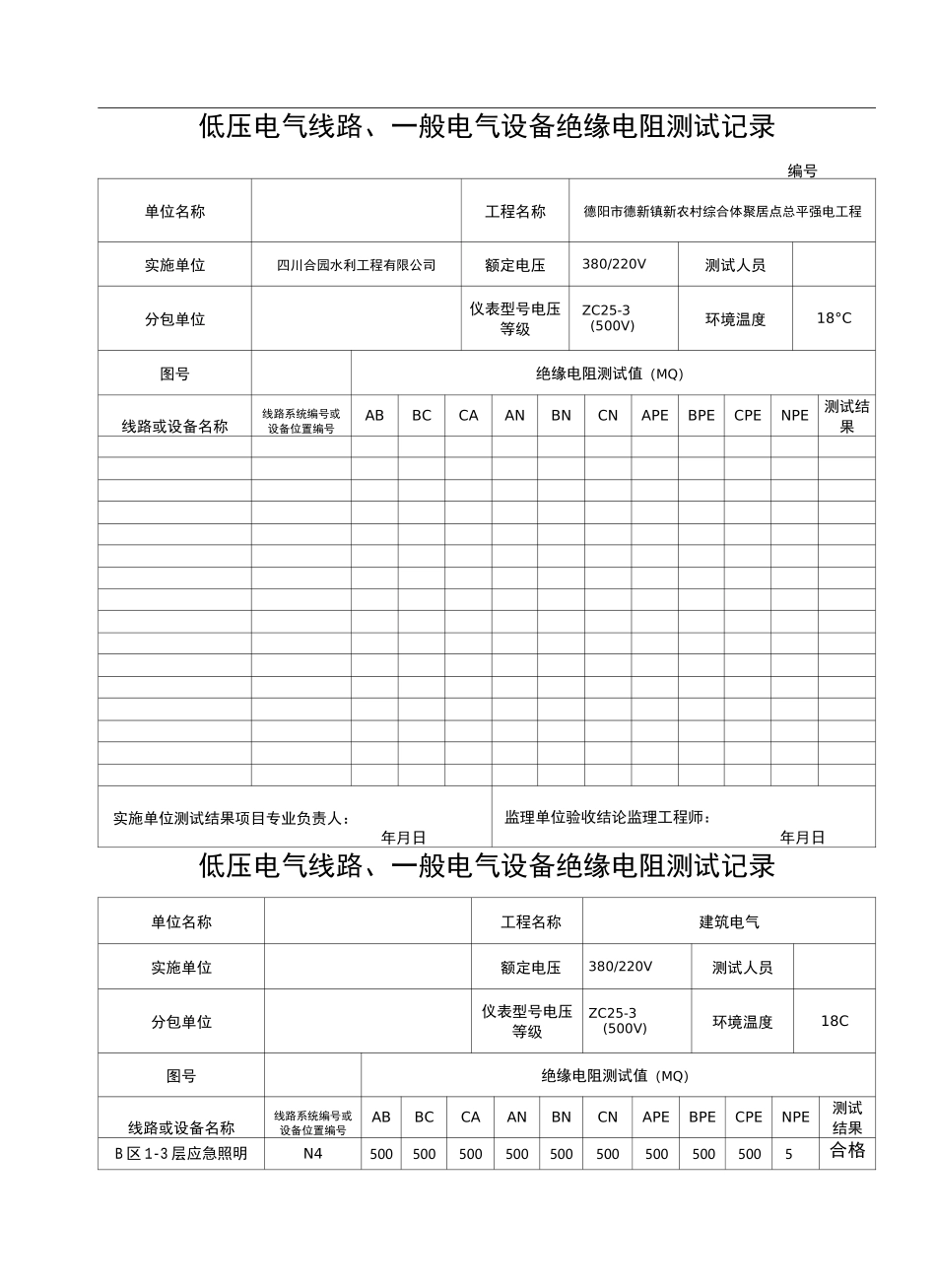 低压电气线路照明配电箱绝缘电阻测试记录_第2页