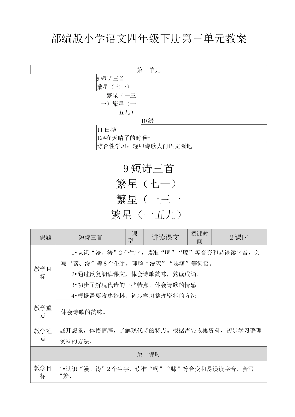 2021部编版小学语文四年级下册第三单元教案(附目录)_第1页