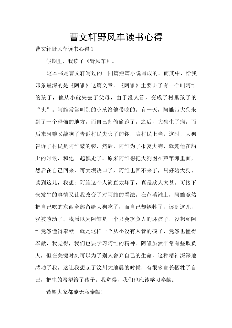 曹文轩野风车读书心得_第1页